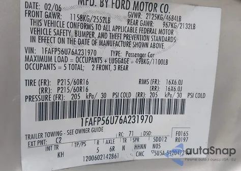 2006 Ford Taurus Sel из США, поврежденный, VIN 1FAFP56U76A231970